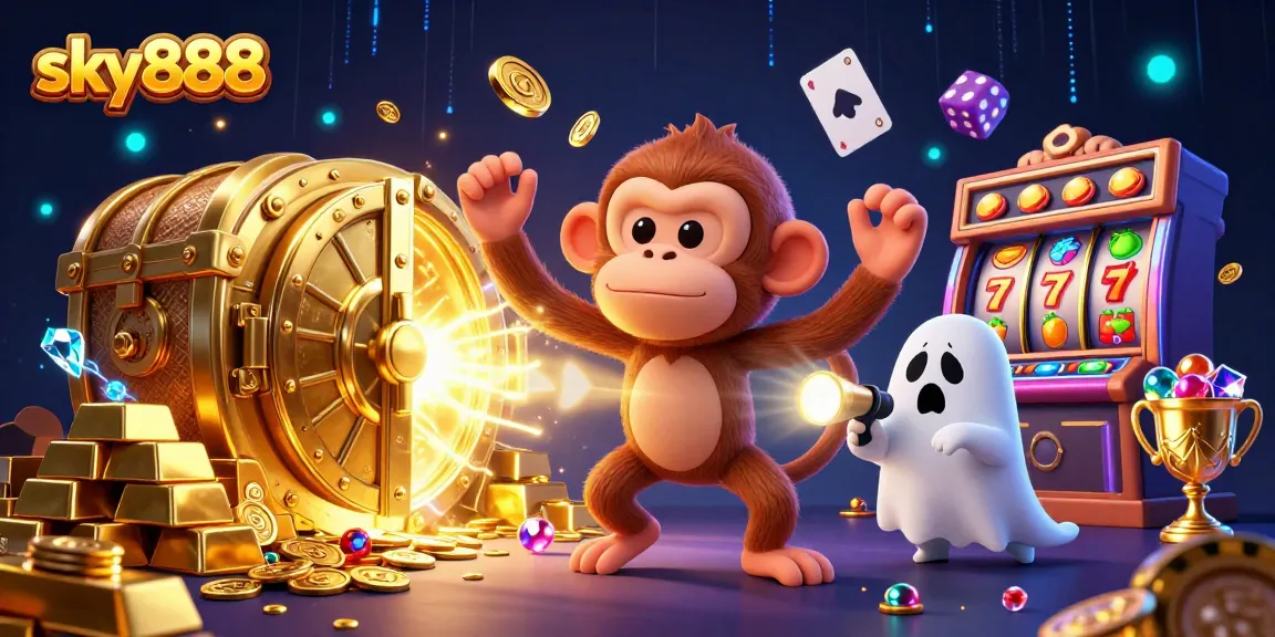 Embrace the thrill with sky888 as a mischievous monkey juggles coins in a haunted casino.