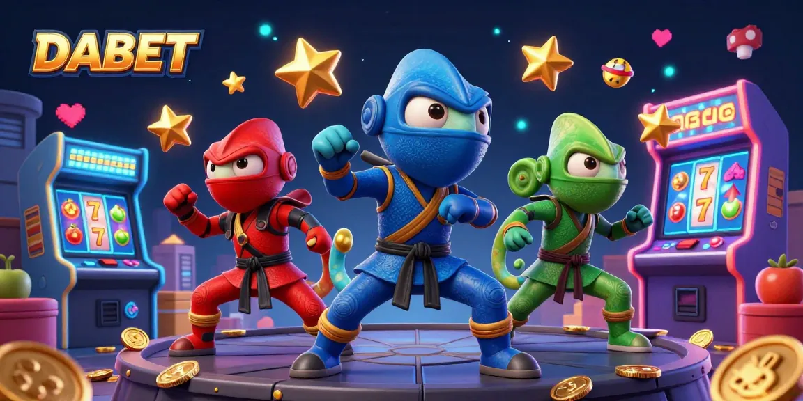 DABET's ninja chameleon team showcases advanced casino gameplay with thrilling slot elements in a vibrant 3D illustration.