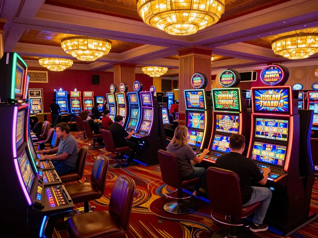 Experience the thrill at 78WIN's colorful slot machine area, with players actively engaged in gaming.