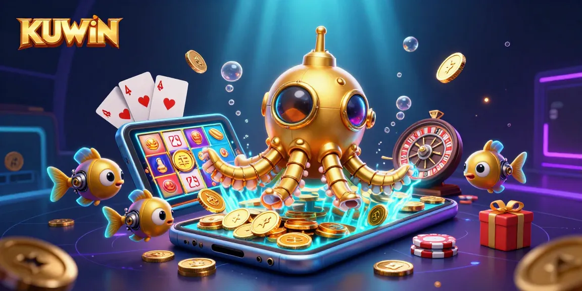 KUWIN offers exhilarating slot adventures with a vibrant golden kraken submarine illustration.