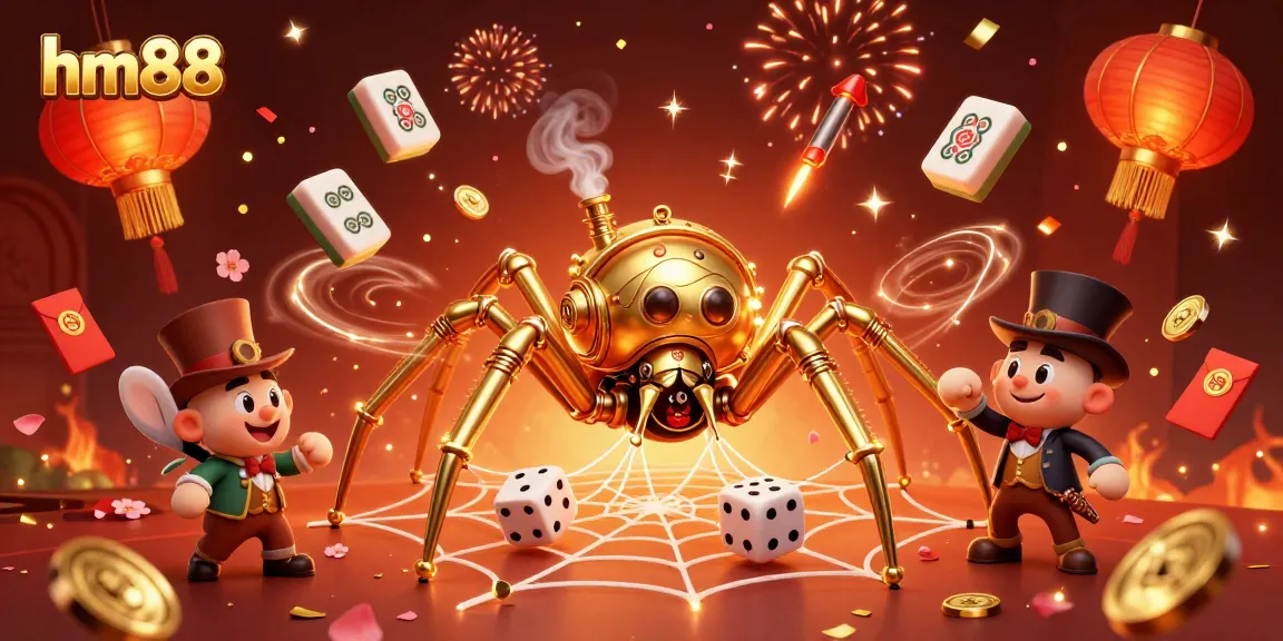 Experience thrilling gameplay at hm88 with a whimsical 3D illustration of a golden spider and Victorian characters.