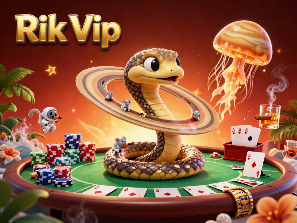 Engage in thrilling bets at Rik Vip with a vibrant casino scene filled with poker characters and cosmic elements.
