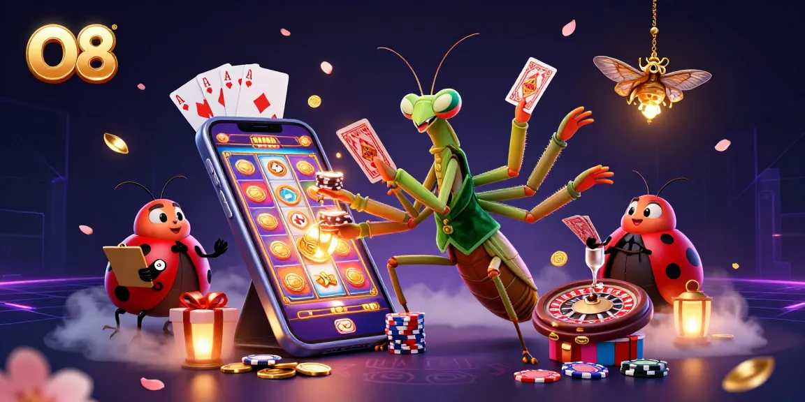 O8 lively casino scene with a giant praying mantis card sharp and vibrant gaming elements.