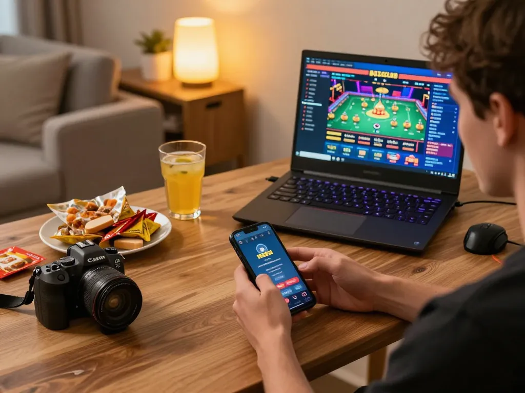 B52club player engaging in an online casino game on smartphone in cozy home setting.
