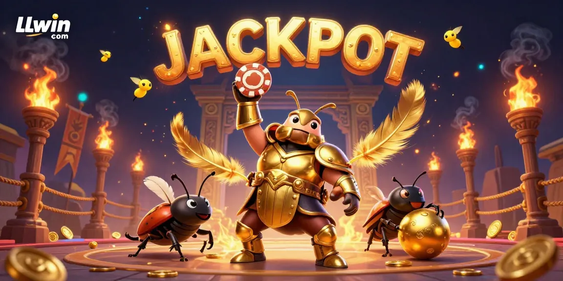 Experience thrilling victories at LLwin com with a colorful casino scene featuring a victorious beetle and dazzling jackpot effects.