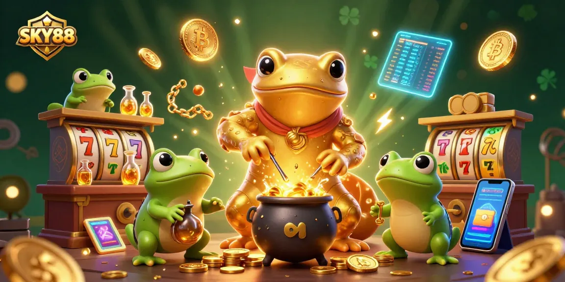 SKY88 gaming scene featuring enchanting characters, vibrant slot elements, and immersive crypto symbols in a magical laboratory.