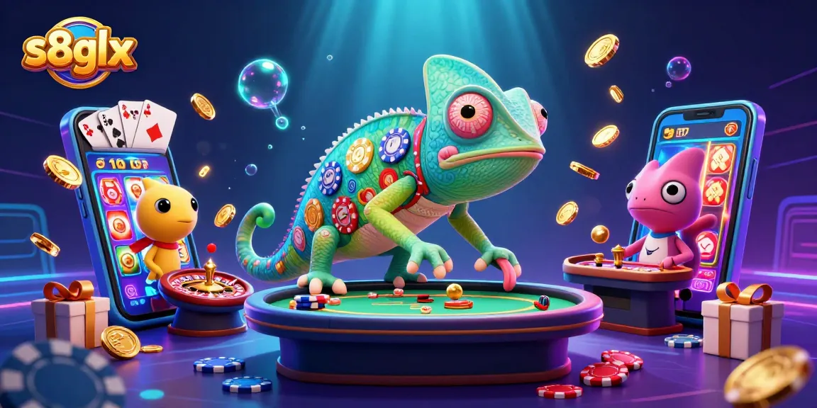 Engage with s8glx's vibrant 3D casino scene featuring a chameleon owner and dynamic gaming elements.