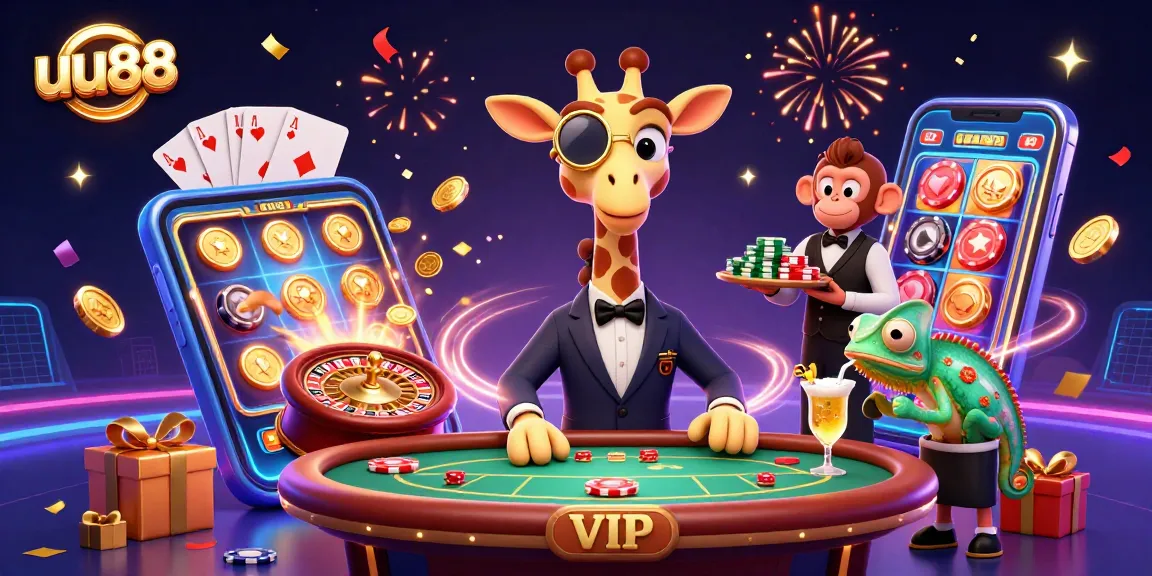 Join the excitement at uu88 with animated casino characters, mixing drinks and chips!