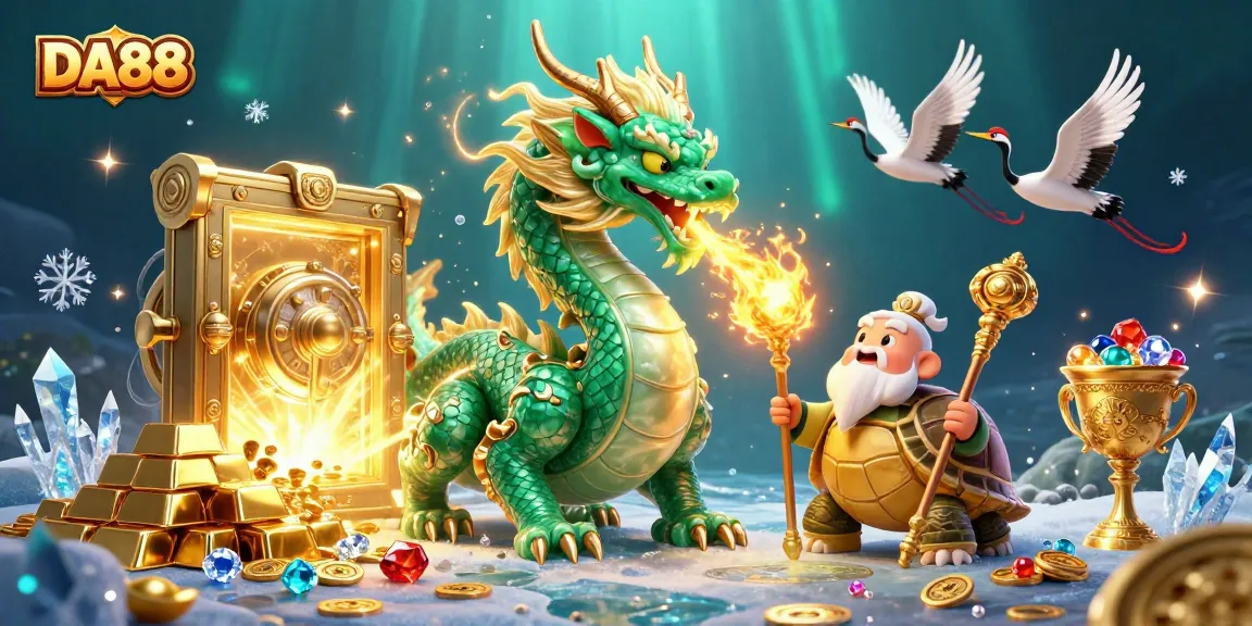 Experience DA88 with a captivating 3D dragon scene surrounded by treasures and vibrant gaming elements.