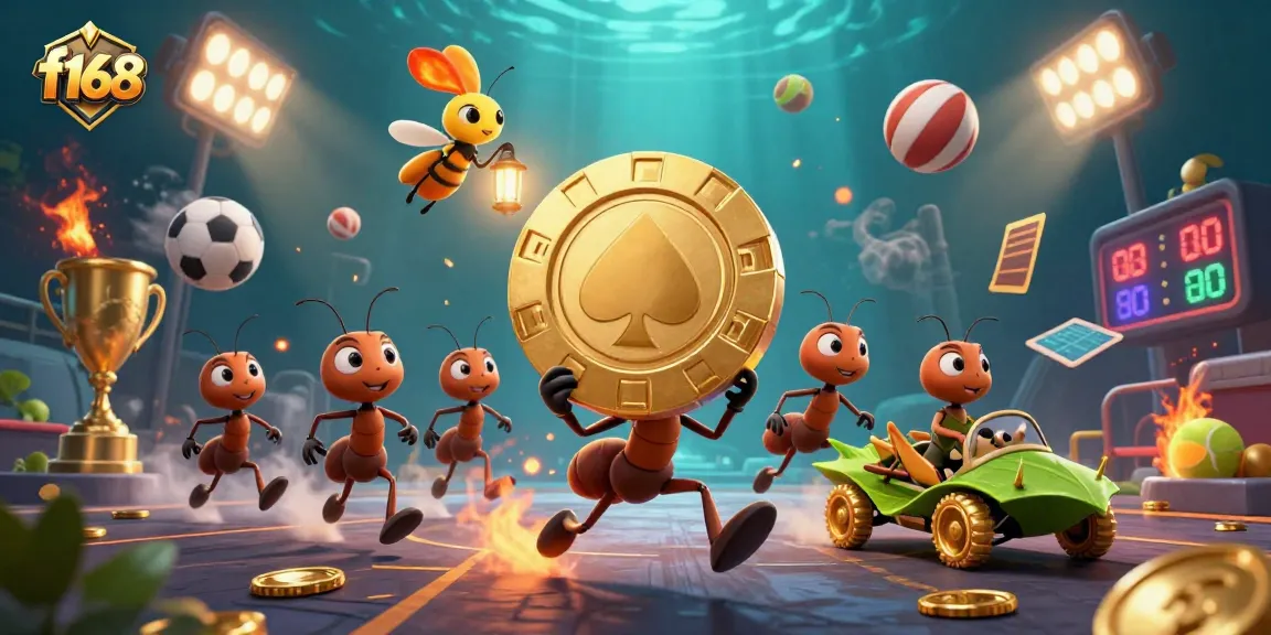Engage with advanced betting strategies at f168 while playful ants carry poker chips in a vibrant casino-themed scene.