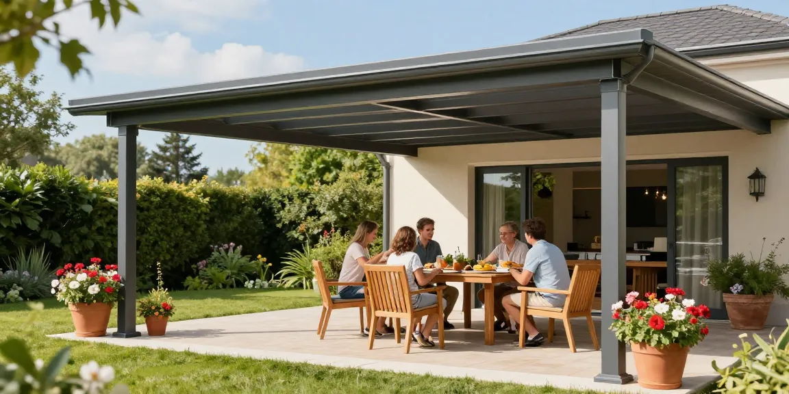 Familie genießt das Essen unter einer modernen Terrassenüberdachung, mit einem schönen Garten im Hintergrund.