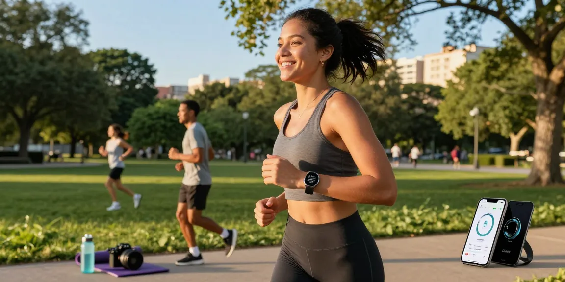Aktivitas jogging dengan smartwatch Fitbit Luxe di taman perkotaan, https://www.polarfitbitshop.com/fitbit-luxe/ memperlihatkan gaya hidup sehat dan aktif.