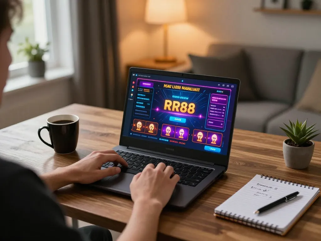 Player engaged in exciting RR88 online poker game at home, showing strategy notes and laptop setup.