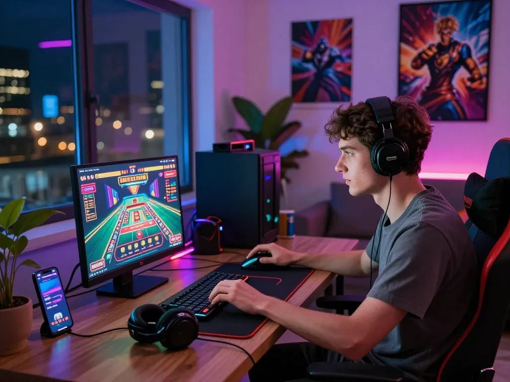Young adult engaging in online gaming with 399W casino graphics, vibrant home setup, and gaming accessories.