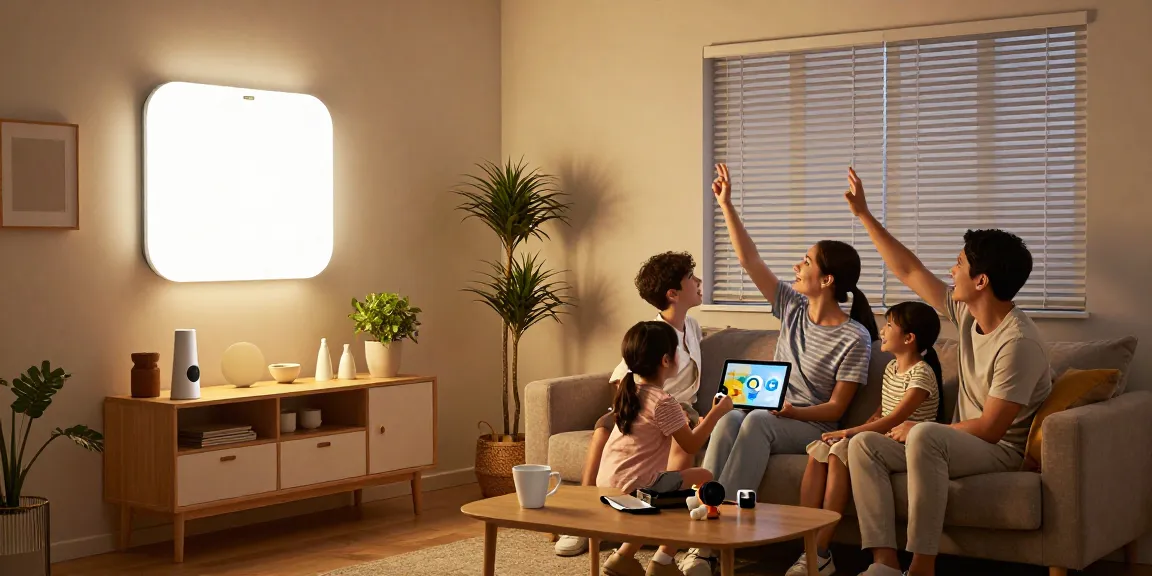 IKEA smart home integration in a cozy living room with a family adjusting smart lights and blinds.