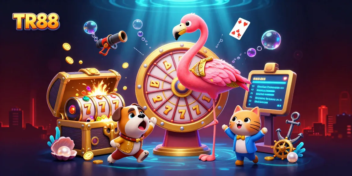 Experience TR88 excitement with a thrilling prize wheel, vibrant casino elements, and lively characters in a dynamic scene.
