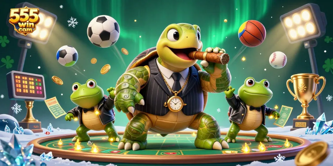 Experience excitement at 555win com with a vibrant, engaging 3D casino scene featuring unique characters.