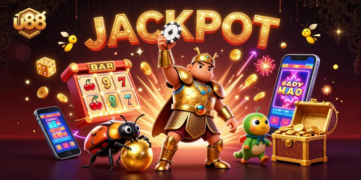 Spin to win at u88 with a victorious beetle character and vibrant casino elements.