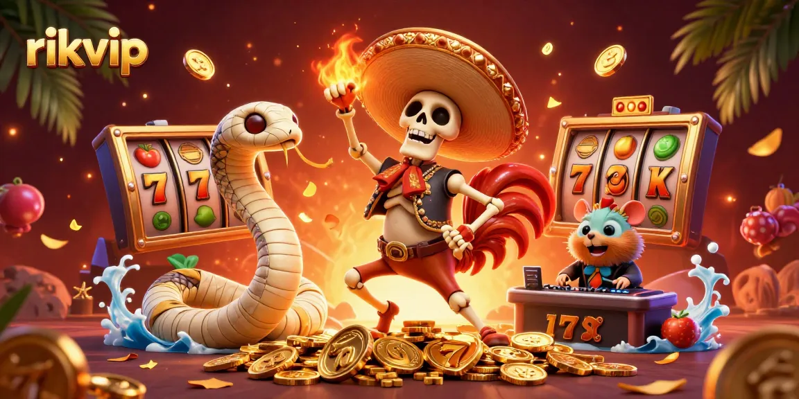 Experience excitement at rikvip with a vibrant, cartoon illustration of a dancing mariachi rooster, a mummy snake, and a DJ hamster in a dynamic casino scene.