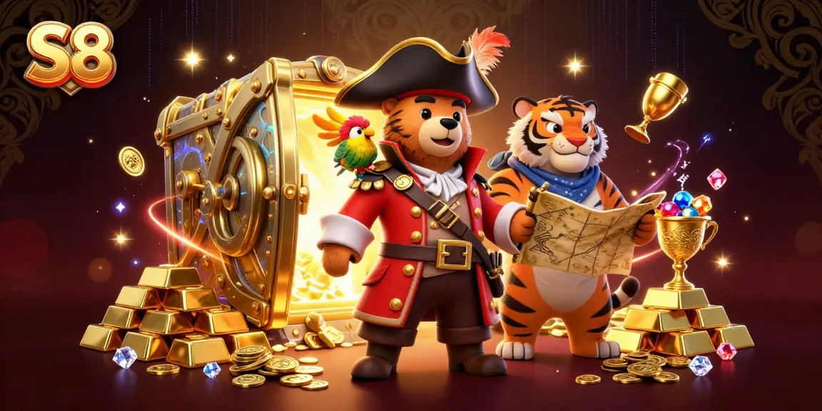 S8 jackpot adventure illustrated with a pirate bear and tiger finding treasure