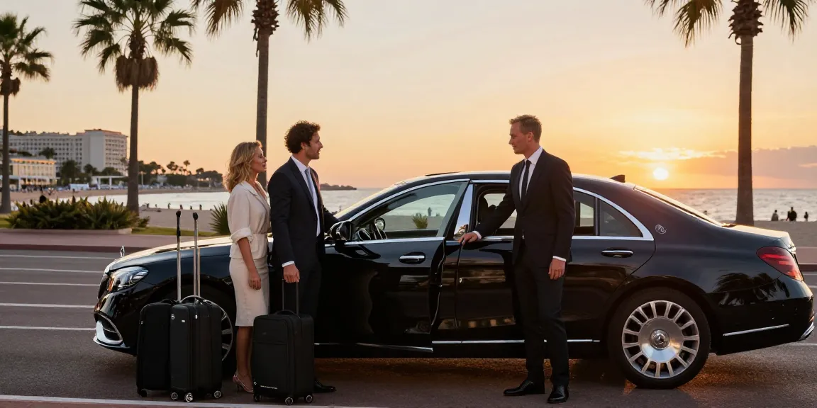 Transfert privé à Nice Cannes avec chauffeur élégant à la plage, luxe et confort.