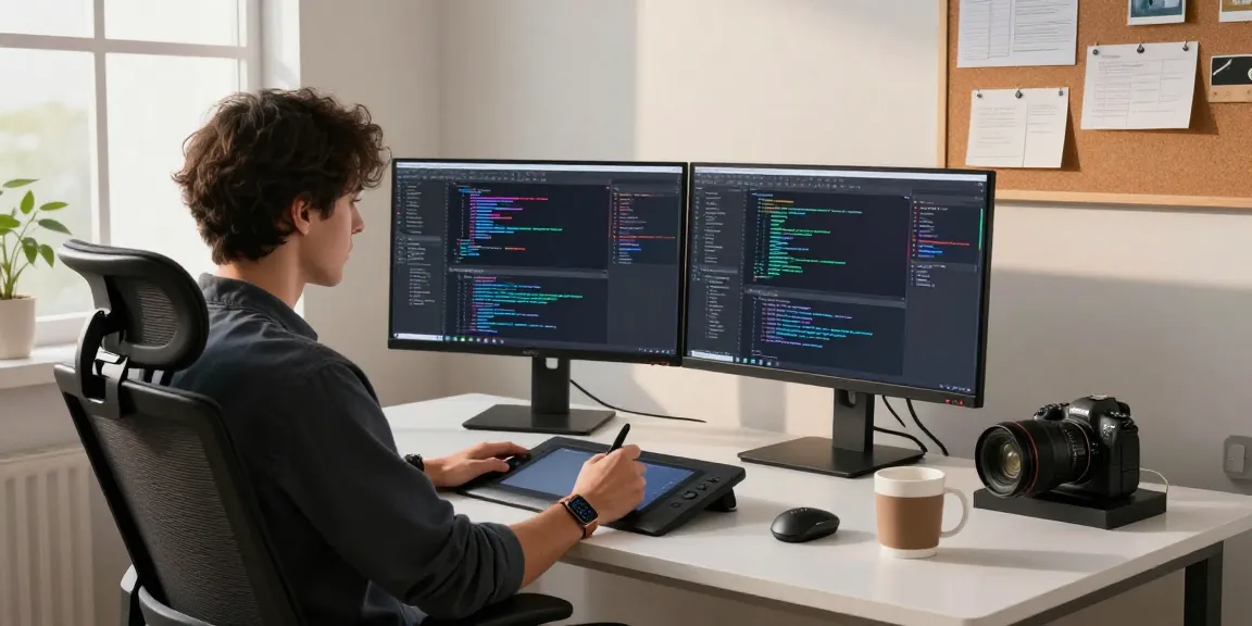 Developer using Snipaste at a modern office desk with dual monitors and creative workspace elements.