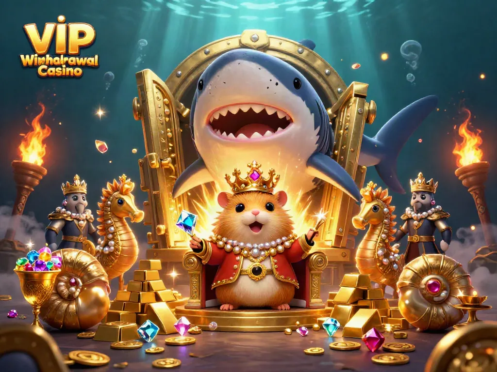 Experience the VIP Withdrawal Casino with a dazzling scene featuring a hamster king on a shark throne.