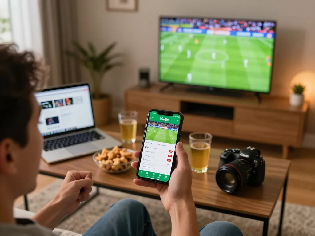 Cheering user engaging with the Vin88 sports betting app during a live football match.
