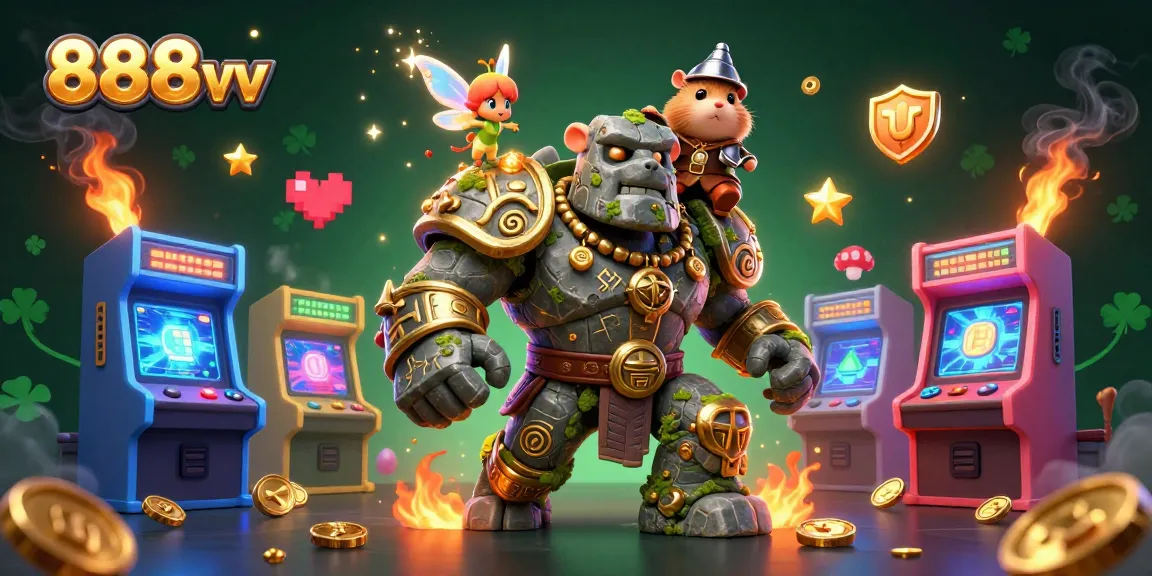 Experience thrilling gaming with 888vv featuring a magical 3D golem and fairy in a vibrant casino adventure.
