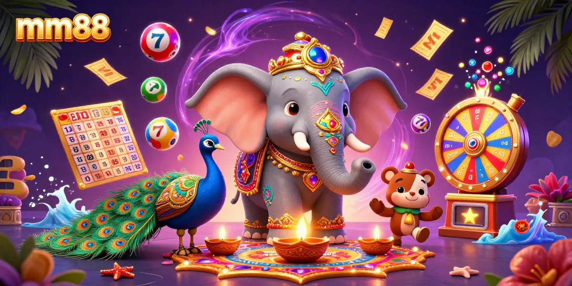 Experience thrilling moments at mm88 with a vibrant 3D casino illustration featuring an elephant and colorful game elements.