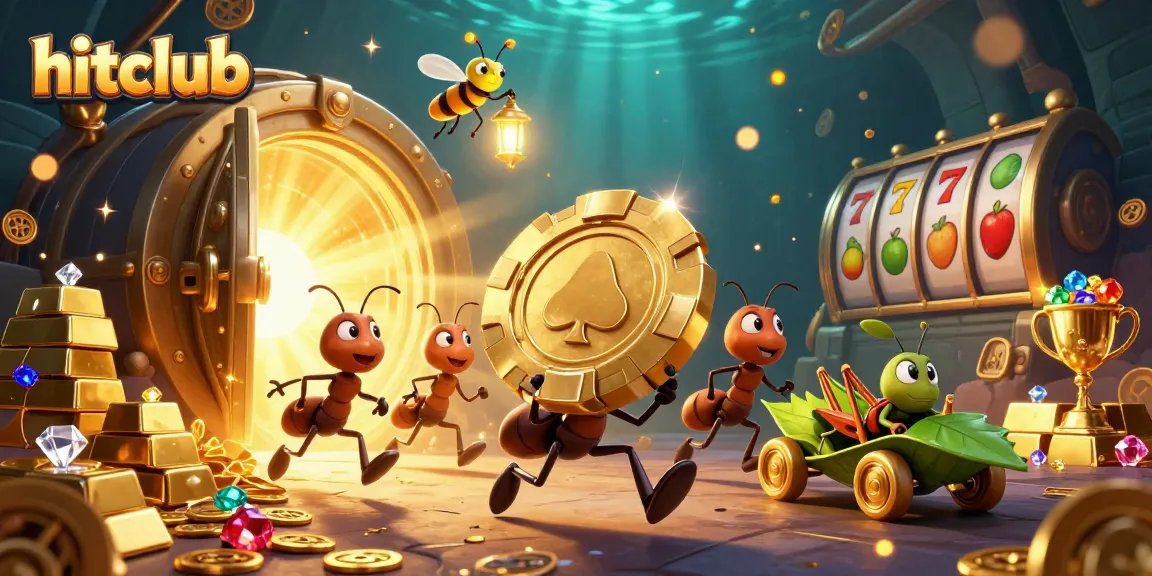 hitclub ants carry a giant poker chip through a colorful, dynamic casino heist scene.
