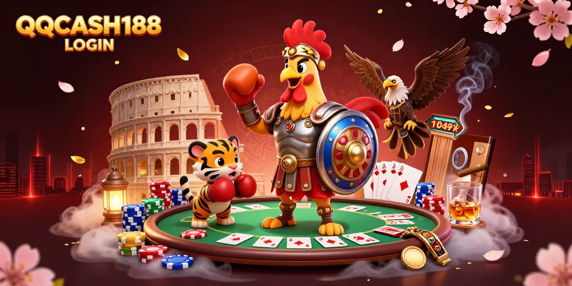 Engage in thrilling casino action with QQCASH188 LOGIN featuring poker elements and a vibrant illustration.