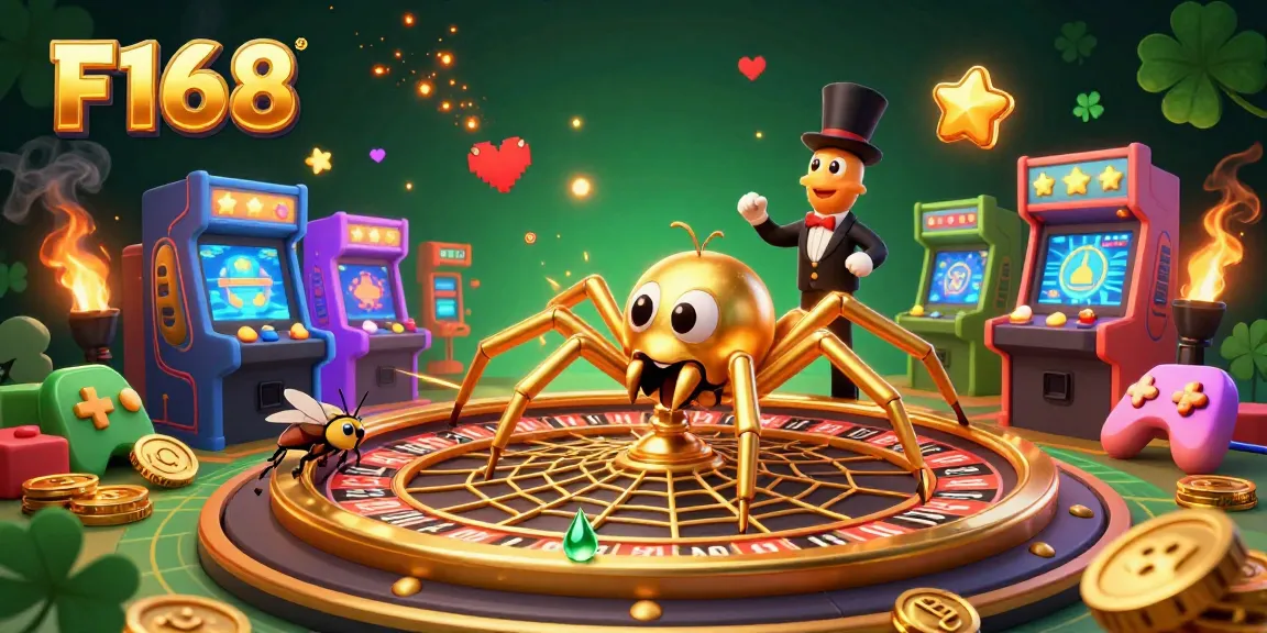 Experience big wins at F168 with a vibrant casino scene featuring a roulette spider and colorful games.