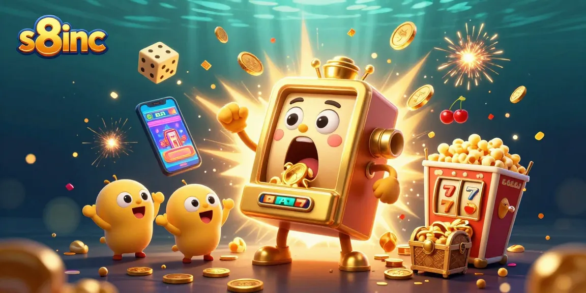 Watch the s8inc slot machine hit the jackpot in a dynamic, thrilling casino scene featuring coins and games.