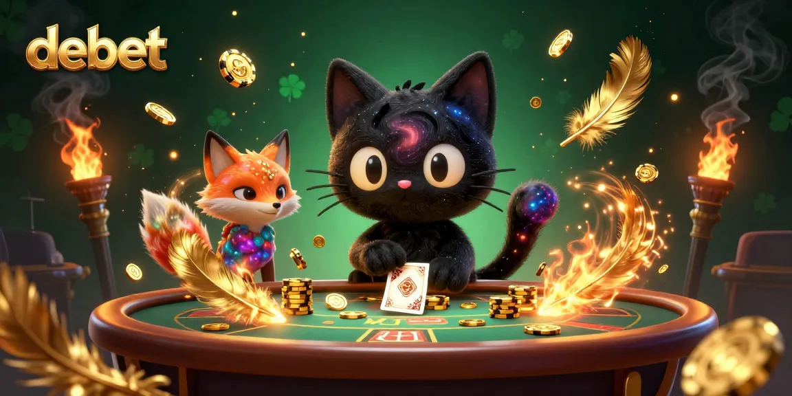 Engage in thrilling debet at the cosmic casino with a captivating black hole cat and nebula fox serving golden chips.