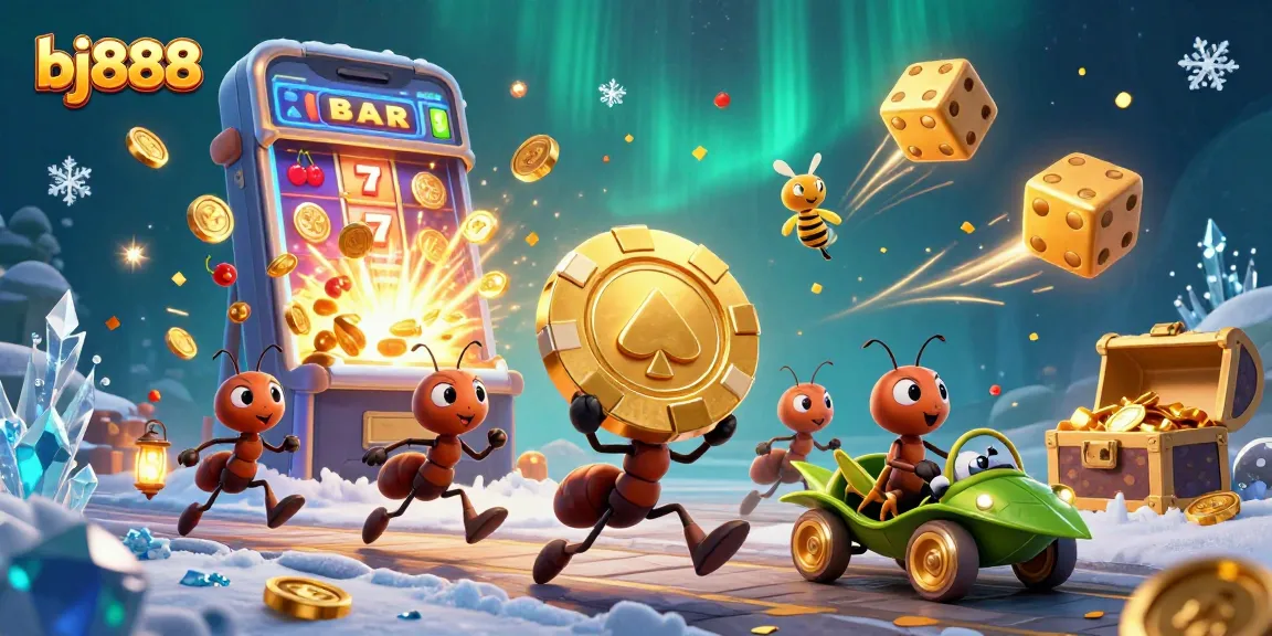 BJ888's dynamic casino scene showcases ants heisting poker chips amidst vibrant slot machine action.