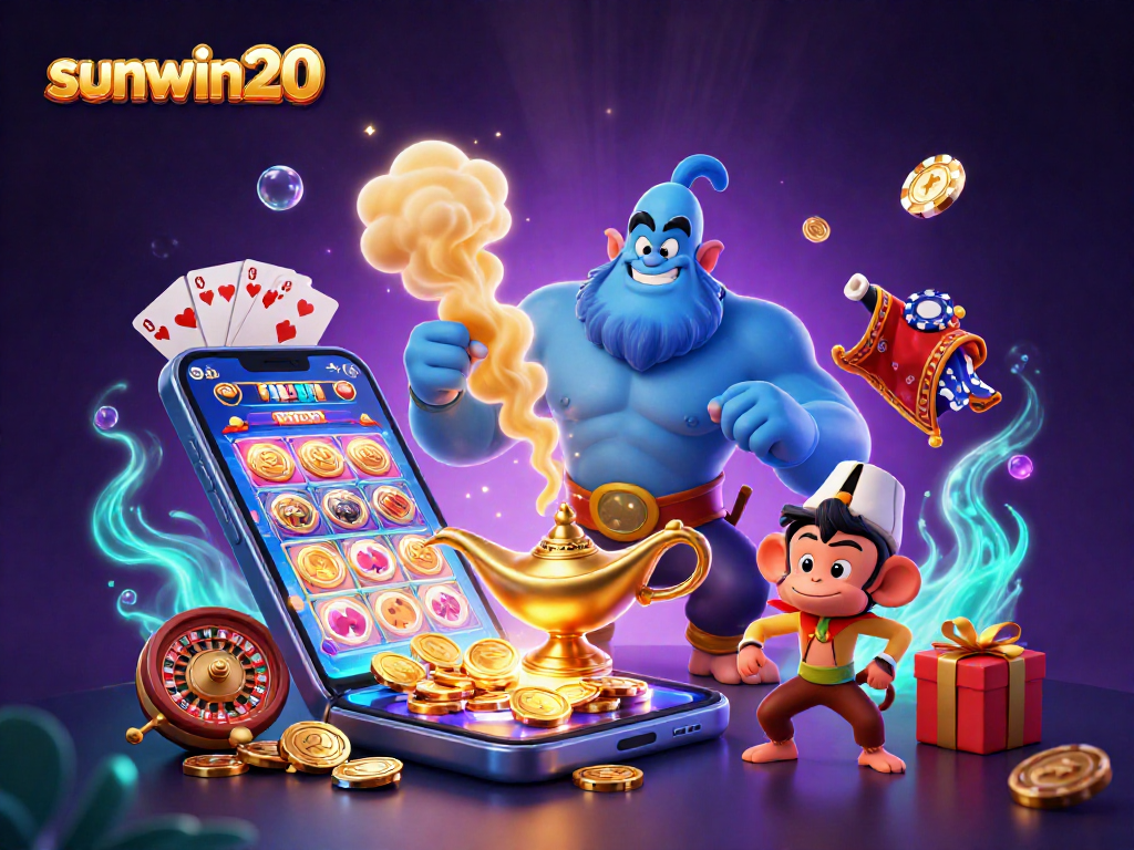 Experience the thrill of sunwin20 with a vibrant 3D scene showcasing a magical genie and casino game elements.