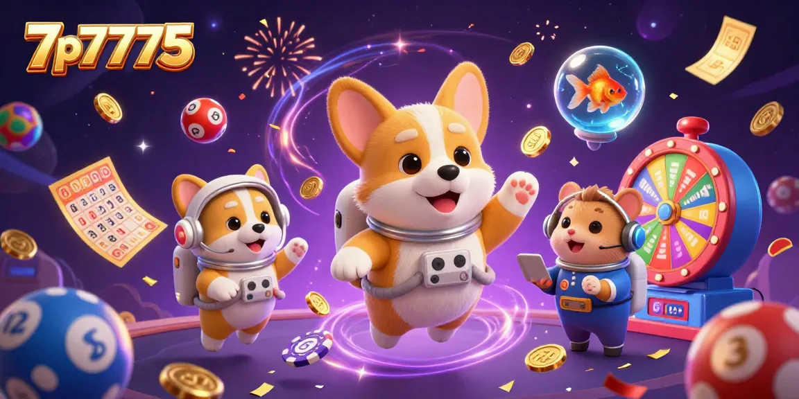 Engage with 7p7775's exciting space-themed lottery scene featuring vibrant elements and fun characters.