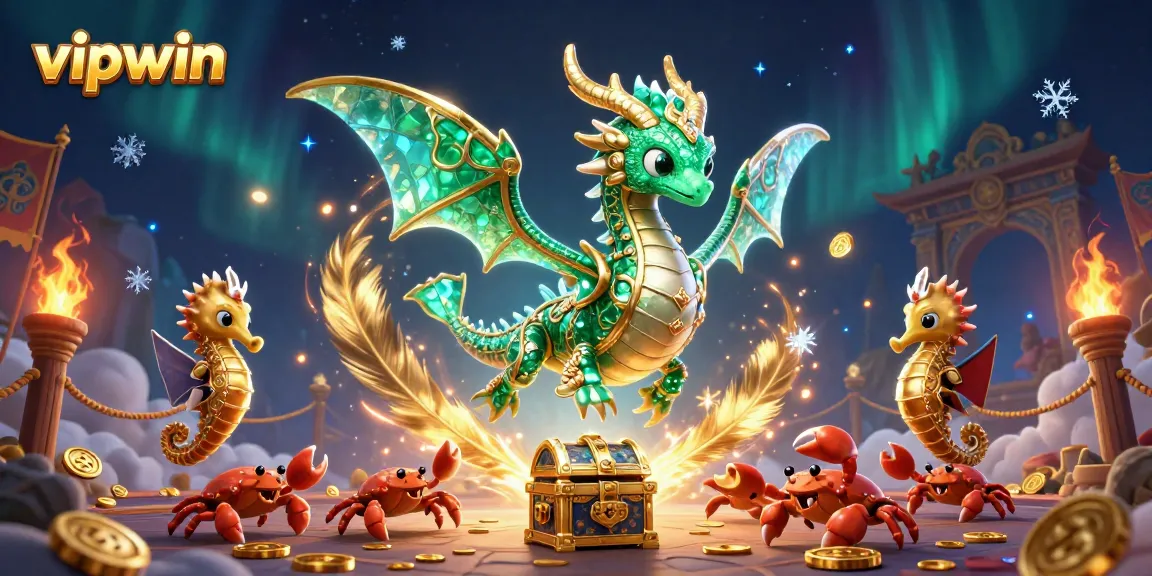 Experience the excitement of vipwin with a stunning illustration featuring a sea dragon and treasure in a casino-themed underwater world.
