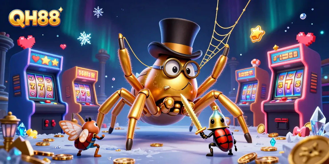 Experience the vibrant QH88 casino world with engaging golden spider, beetle knight, and gaming elements.