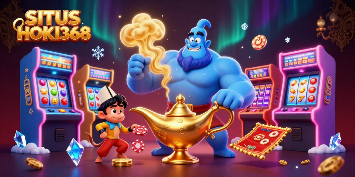 Engage in the excitement of SITUS HOKI368 as a powerful genie delivers thrilling casino games in a vibrant 3D illustration.