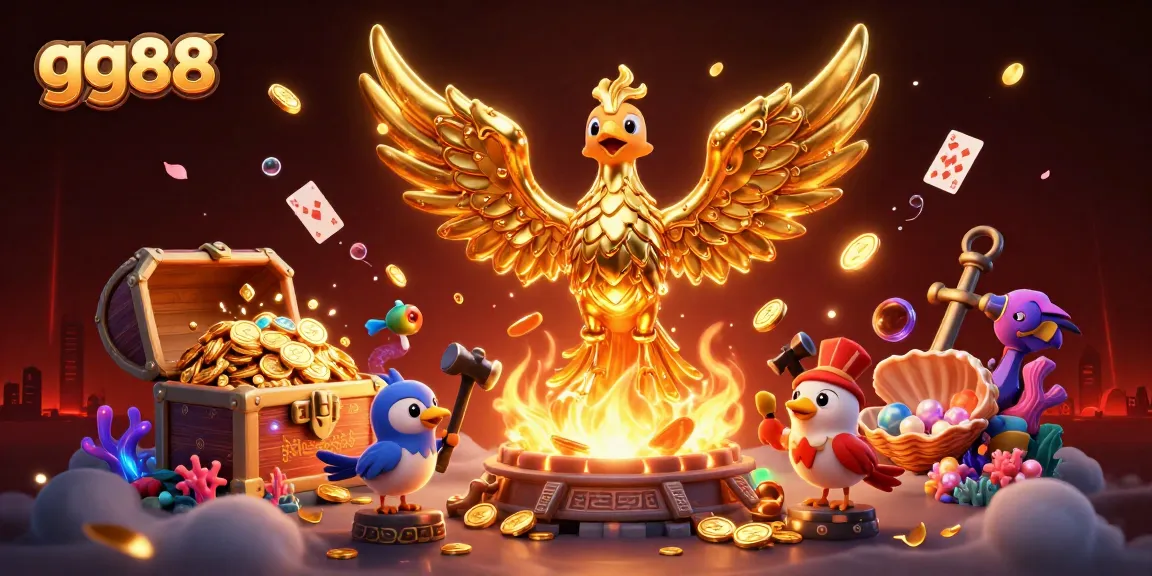 Win big at gg88 with a vibrant golden phoenix and dynamic casino elements in a captivating scene.