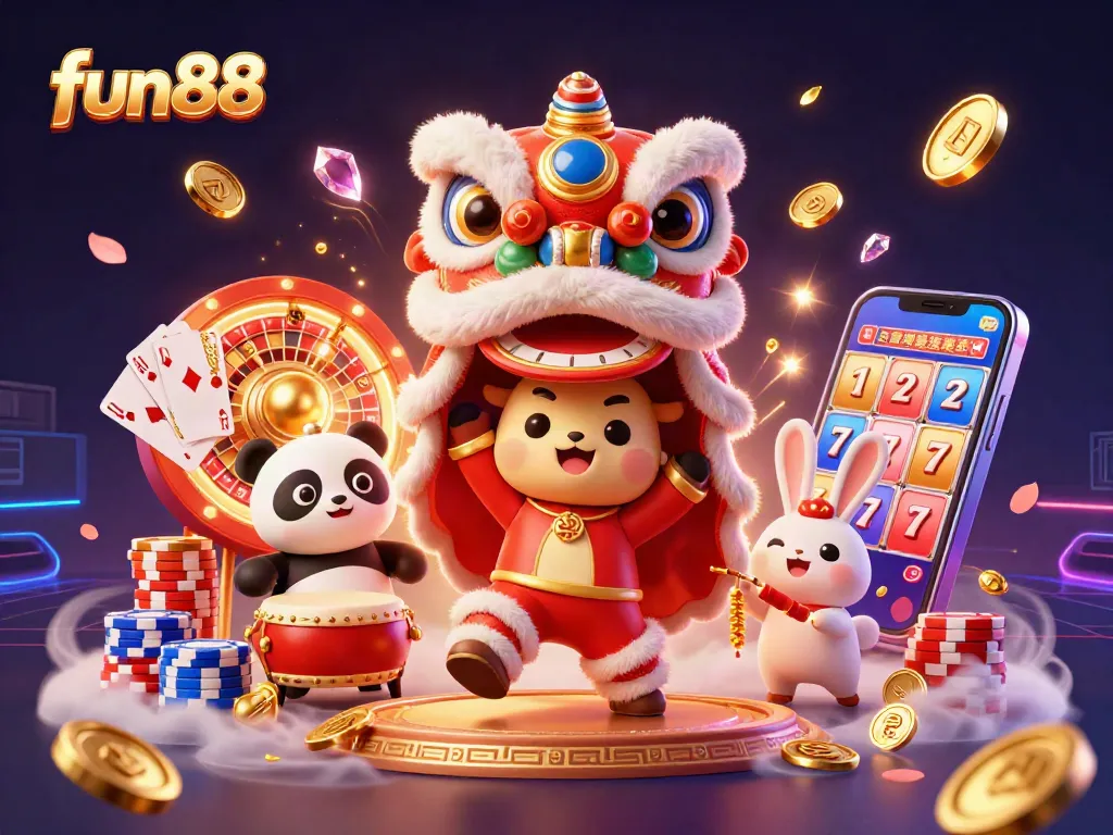 fun88 promotes excitement with vibrant casino action featuring a lion dance, drumming panda, and slot reels.
