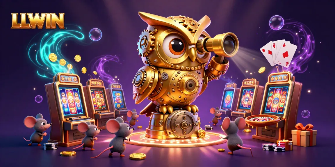 Experience thrilling gameplay at LLWIN with our vibrant casino scene featuring a golden owl and mouse patrons.