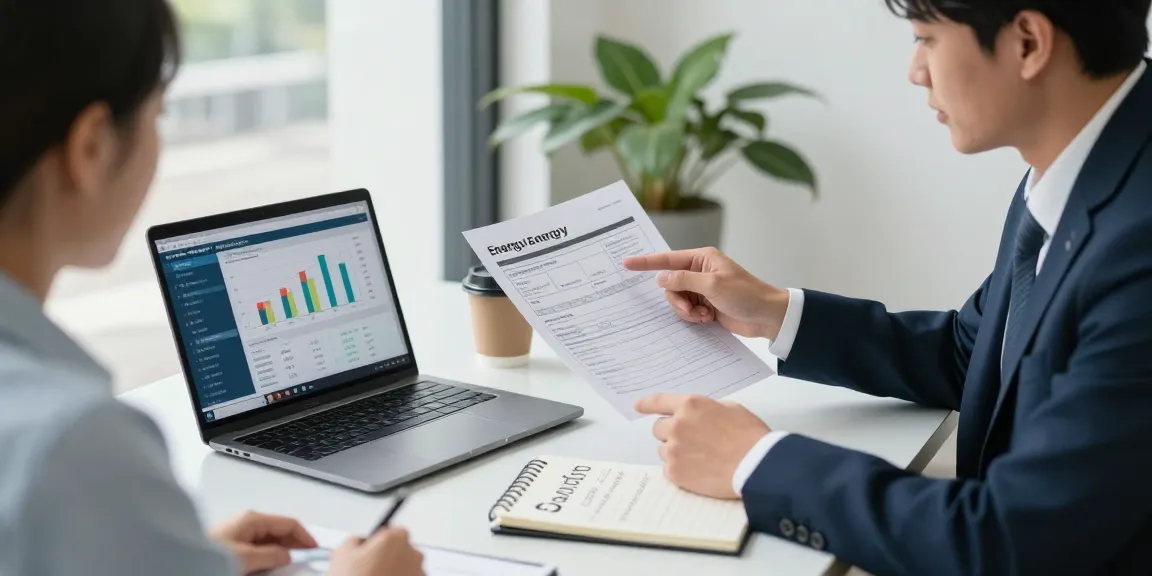 Client discussing half hourly meter benefits with energy consultant in modern office