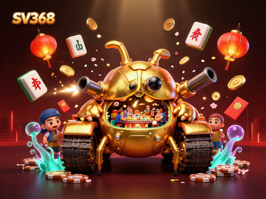 Engage with SV368's vibrant casino scene featuring a unique golden beetle tank and festive elements.
