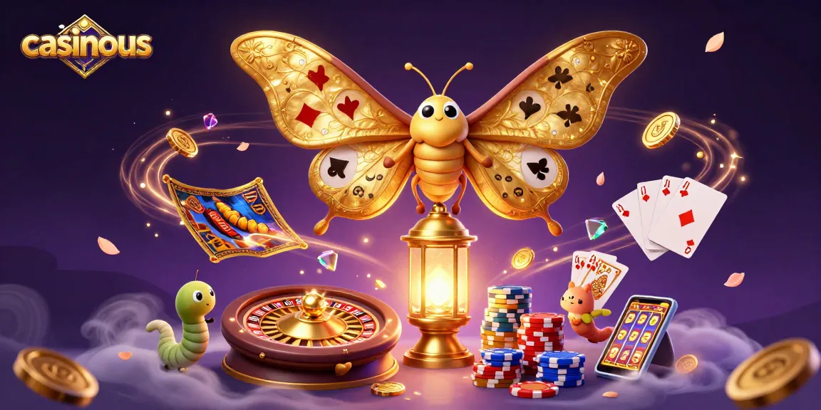 Win at casinous with captivating casino scenes and vibrant gaming elements surrounding a majestic moth.