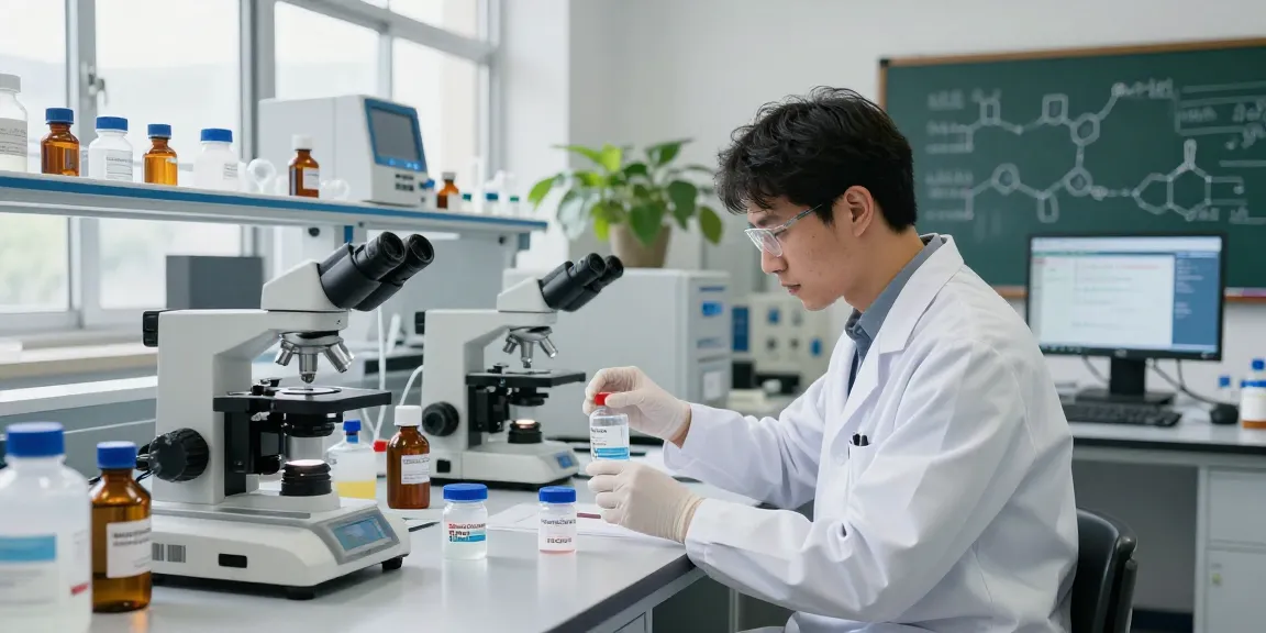 Scientist examining SwissChems Peptide vials in a modern lab setting with advanced research equipment.
