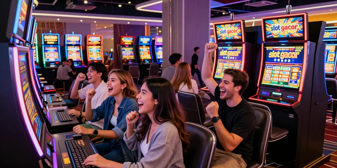 Excited players celebrating wins at bright slot gacor machines in a lively casino setting.