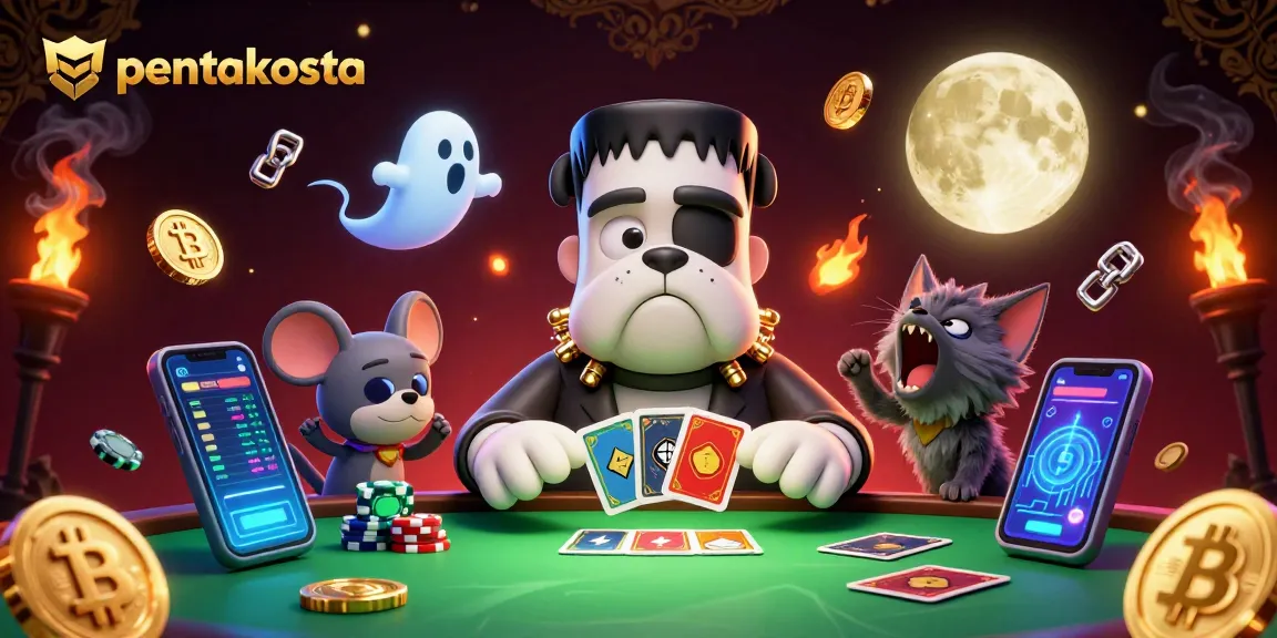 Engage with pentakosta in this vibrant 3D scene featuring a Frankenstein bulldog, ghost mouse, and werewolf kitten at a casino table.